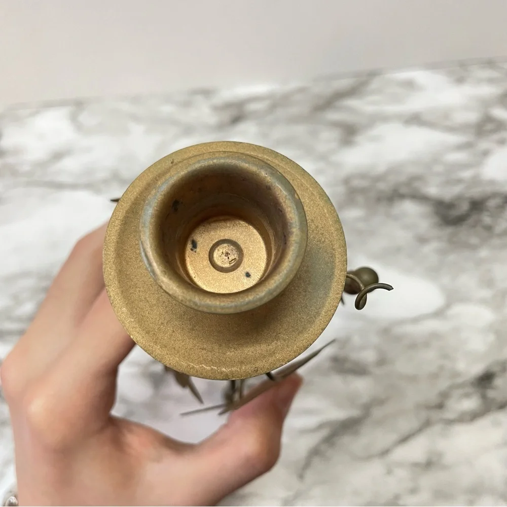 Vintage Metal Gold Color Leaf 3-Footed Candle Holder 10